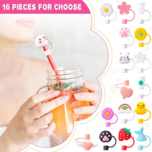 16 Pieces Reusable Drinking Straw Tips Lids Anti-dust Silicone Straw Caps for 7-8 mm Straws Airtight Seal Splash Proof Straw Tips Covers (Flower Animal Style)