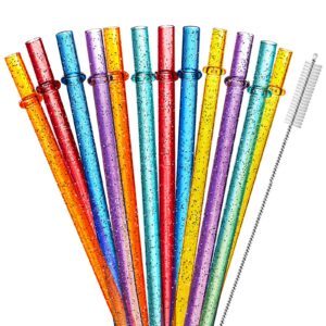 12-pack glitter reusable colorful plastic straws, 11 inches clear bpa-free unbreakable sparkle tumbler drinking straws with cleaning brush