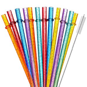 12-Pack Glitter Reusable Colorful Plastic Straws, 11 Inches Clear BPA-Free Unbreakable Sparkle Tumbler Drinking Straws with Cleaning Brush