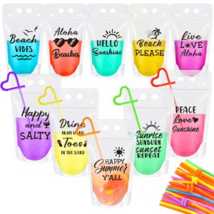 summer drink pouches with straws beach drink pouches for adult translucent party beverage bags stand up juice pouches plastic drink container with zipper juice freezer bags for party favor (30 sets)