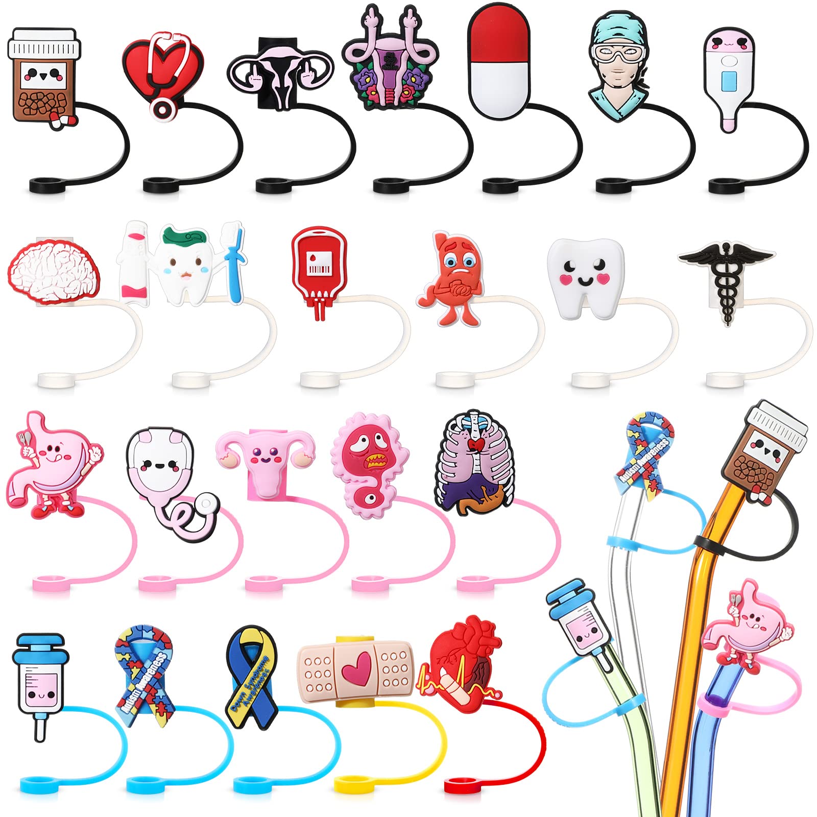 Straw Covers Silicone Kawaii Straw Cover Nurse Theme Straw Caps Reusable Drinking Dust Proof Straw Tip Covers for 6-8 mm (Stylish, 23 Pcs)