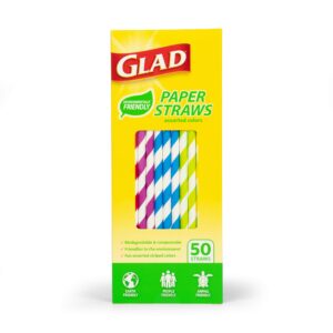 glad eco-friendly paper straws | 50 ct paper straws with stripes | biodegradable paper straws for everyday use| paper disposable straws, colorful striped design