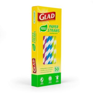 Glad Eco-Friendly Paper Straws | 50 Ct Paper Straws with Stripes | Biodegradable Paper Straws for Everyday Use| Paper Disposable Straws, Colorful Striped Design