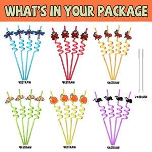 24 Bug Birthday Party Supplies Reusable Plastic Straws for Insect Themed Party Favors Decorations with 2 Cleaning Brushes