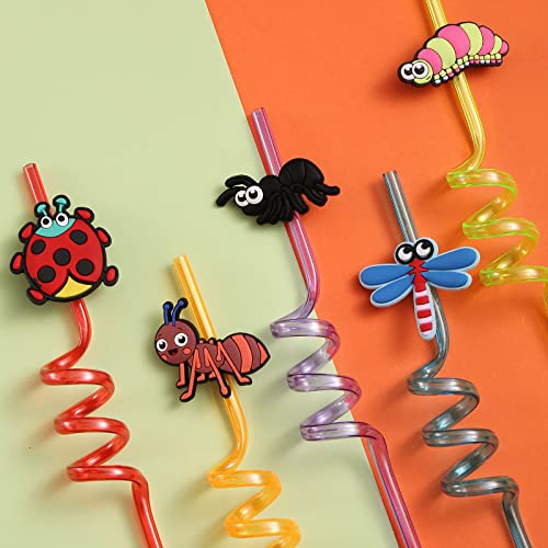 24 Bug Birthday Party Supplies Reusable Plastic Straws for Insect Themed Party Favors Decorations with 2 Cleaning Brushes