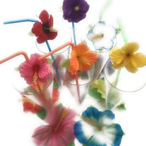 Hibiscus Flower Bendable Straws (Pack of 72) Assorted Brighr Colors great for Beach Party, Luau Hawaiian Party Décor