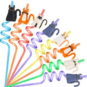 cat party supplies, 24pcs cat straws and 2pcs cleaning brushes, reusable plastic cat straws, cat party supplies favors，birthday party decorations