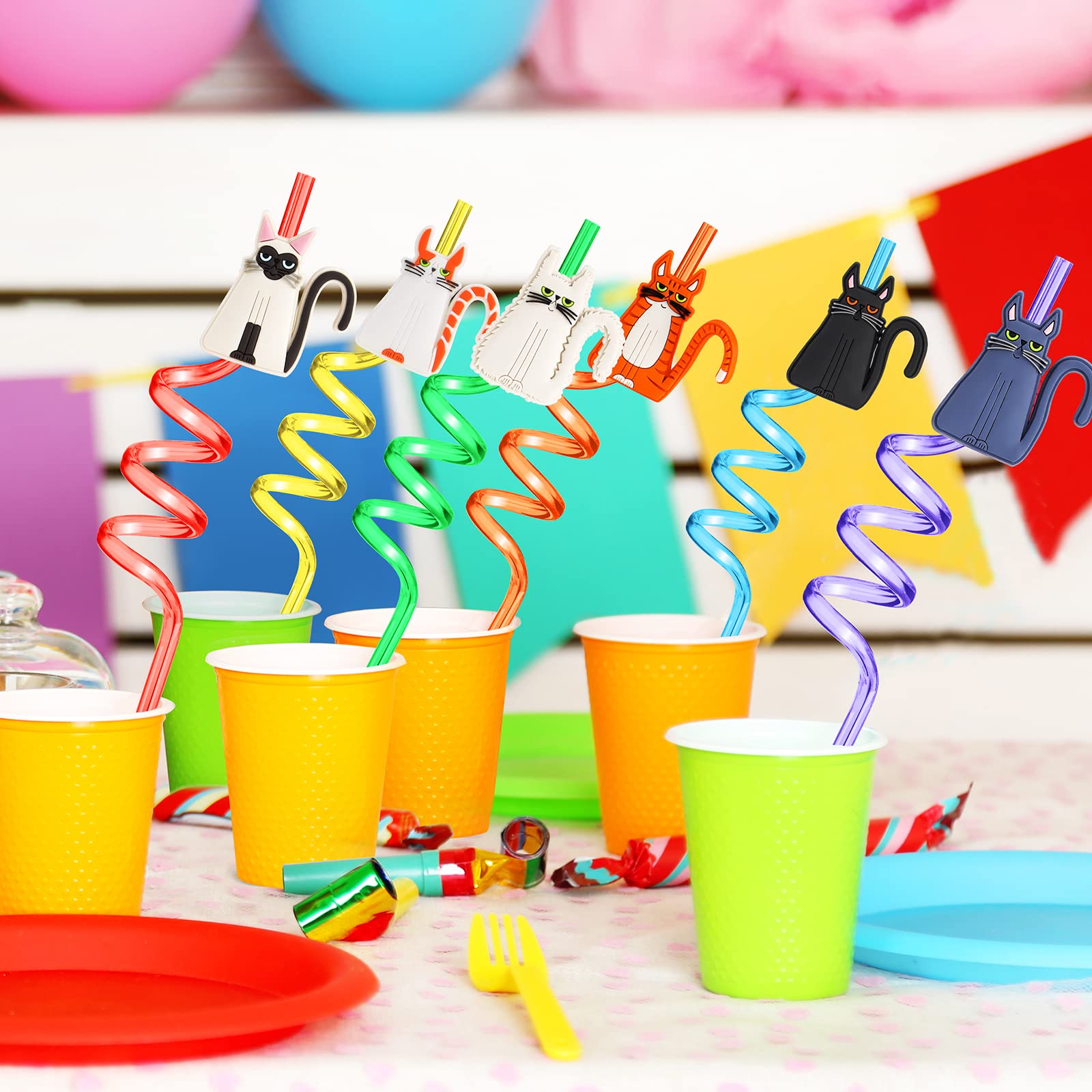 Cat Party Supplies, 24Pcs Cat Straws and 2Pcs Cleaning Brushes, Reusable Plastic Cat Straws, Cat Party Supplies Favors，Birthday Party Decorations