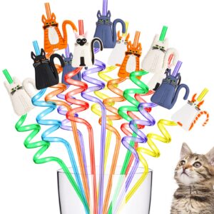 Cat Party Supplies, 24Pcs Cat Straws and 2Pcs Cleaning Brushes, Reusable Plastic Cat Straws, Cat Party Supplies Favors，Birthday Party Decorations