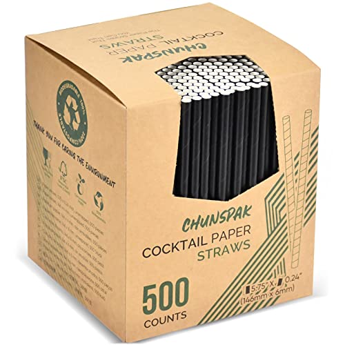 [500 Bulk] 5.75 inch Black Short Paper Straws, Stir Straws for Cocktail, Coffee, Mixed Drinks - Home, Bar and Restaurant Straws - 100% Biodegradable