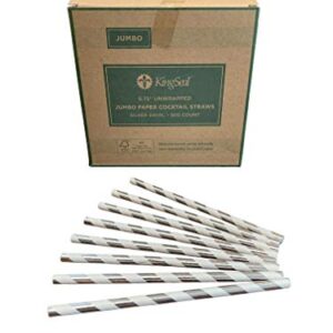 Kingseal FSC Certified Paper Cocktail Straws, Unwrapped, 6mm x 5.75 Inches, Silver Stripe, Biodegradable, Earth Friendly, Bulk Pack - 1 Box of 500 Straws