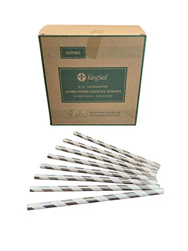 Kingseal FSC Certified Paper Cocktail Straws, Unwrapped, 6mm x 5.75 Inches, Silver Stripe, Biodegradable, Earth Friendly, Bulk Pack - 1 Box of 500 Straws