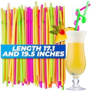 200 pack extra long plastic drinking bendy straws - flexible disposable cocktail twisty straws - colorful 17 in smoothie super long neon curly straws - coffee stirrers tall assorted color fun straws