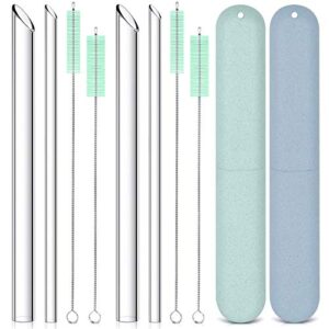 reusable glass straws: 2 regular straws + 2 boba straws + 2 wheat cases + 4 cleaning brushes + pouch, for hot and cold drinks, portable for personal use, smoothie bubble tea, 9 inches (blue&green)