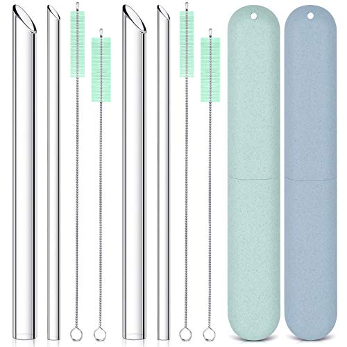 Reusable Glass Straws: 2 Regular Straws + 2 Boba Straws + 2 Wheat Cases + 4 Cleaning Brushes + Pouch, for Hot and Cold Drinks, Portable for Personal Use, Smoothie Bubble Tea, 9 inches (Blue&Green)