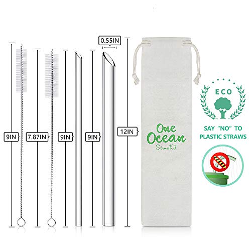 Reusable Glass Straws: 2 Regular Straws + 2 Boba Straws + 2 Wheat Cases + 4 Cleaning Brushes + Pouch, for Hot and Cold Drinks, Portable for Personal Use, Smoothie Bubble Tea, 9 inches (Blue&Green)