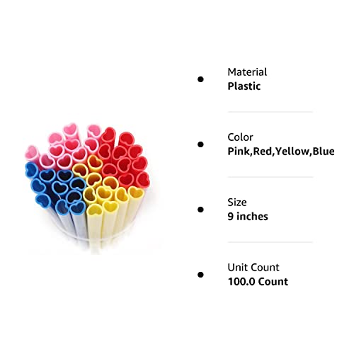 Kitchnacc 100 Pack Heart Shaped Hard Plastic Reusable Cute Straws Individually Wrapped for Cocktail Birthday Party Bridal Shower Wedding Supplies – (Yellow, Blue, Red, Pink)