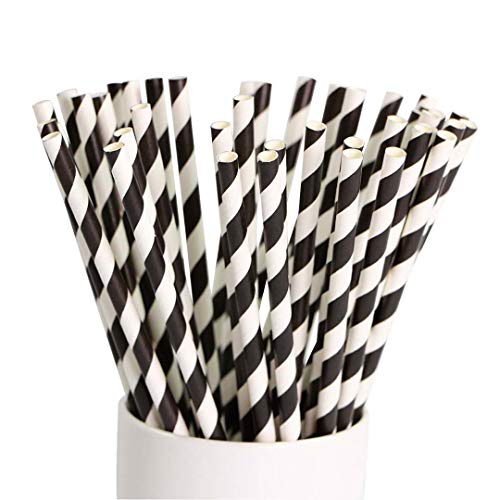 Shuiniba Biodegradable Striped Paper Straws,Paper Drinking Straws for Party, Events and Crafts,Baby Shower Decorations 7.75 Inches, Black White Striped - 100 Packs