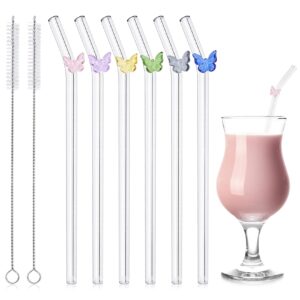 duming-in 6 pcs reusable glass straws with 2 cleaning brushes, cute colorful butterfly glass straws shatter resistant, reusable straws dishwasher safe for juices, smoothies, milkshakes, teas