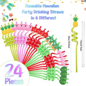 24 Pcs Hawaiian Reusable Plastic Straws with 2 Cleaning Brush Luau Theme Straws Flamingo Drinking Straws Aloha Party Favors for Kids Birthday Beach Pool Party Supplies