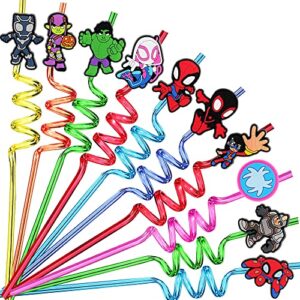 25pcs spider party favors reusable drinking straws, 10 designs amazing friends birthday party supplies with 2 cleaning brush