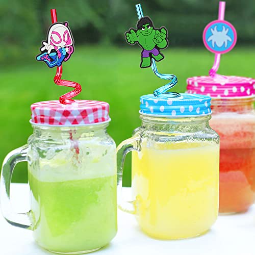 25pcs Spider Party Favors Reusable Drinking Straws, 10 Designs Amazing Friends Birthday Party Supplies with 2 Cleaning Brush