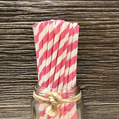 Stripe Paper Straws - Pink White - Valentine - Birthday Party Supply 7.75 Inches - Pack of 50 - Outside the Box Papers Brand
