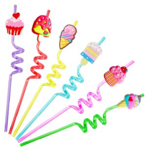 reusable ice cream straws party favors supplies,24pcs plastic cupcake fun cute long crazy silly spiral drinking straws for kids birthday hawaiian beach cocktail luau party decorations 1 cleaning brush