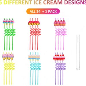 Reusable Ice Cream Straws Party Favors Supplies,24Pcs Plastic Cupcake Fun Cute Long Crazy Silly Spiral Drinking Straws for Kids Birthday Hawaiian Beach Cocktail Luau Party Decorations 1 Cleaning Brush