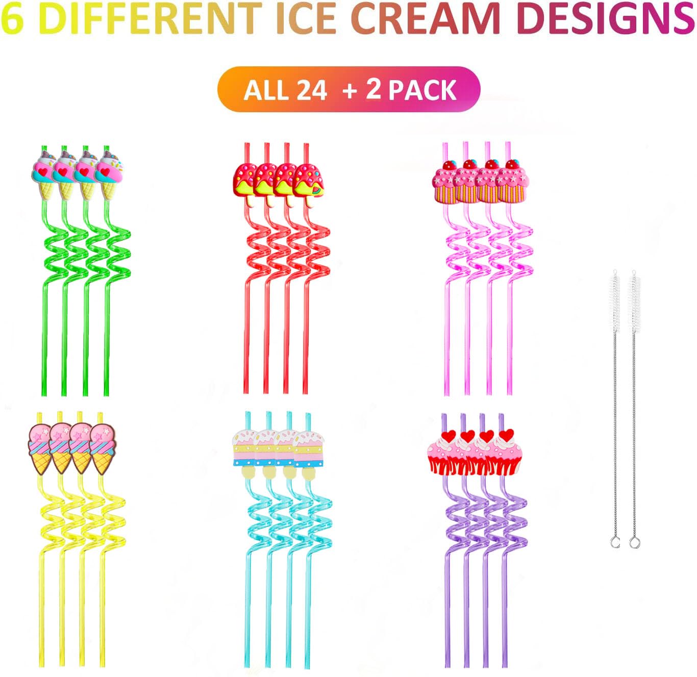 Reusable Ice Cream Straws Party Favors Supplies,24Pcs Plastic Cupcake Fun Cute Long Crazy Silly Spiral Drinking Straws for Kids Birthday Hawaiian Beach Cocktail Luau Party Decorations 1 Cleaning Brush