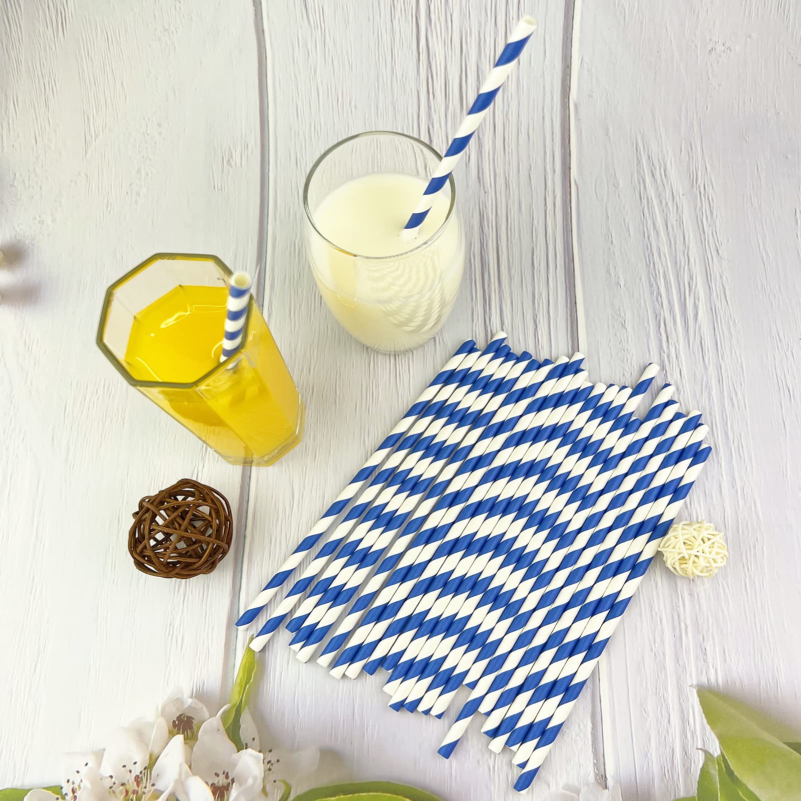 YAOSHENG Paper Straws for drinking, 100 Pack Blue Striped paper straws for Party Supplies,Birthday,Wedding,Bridal/Baby Shower,Juice, shakes,Smoothies,cocktail (Blue)