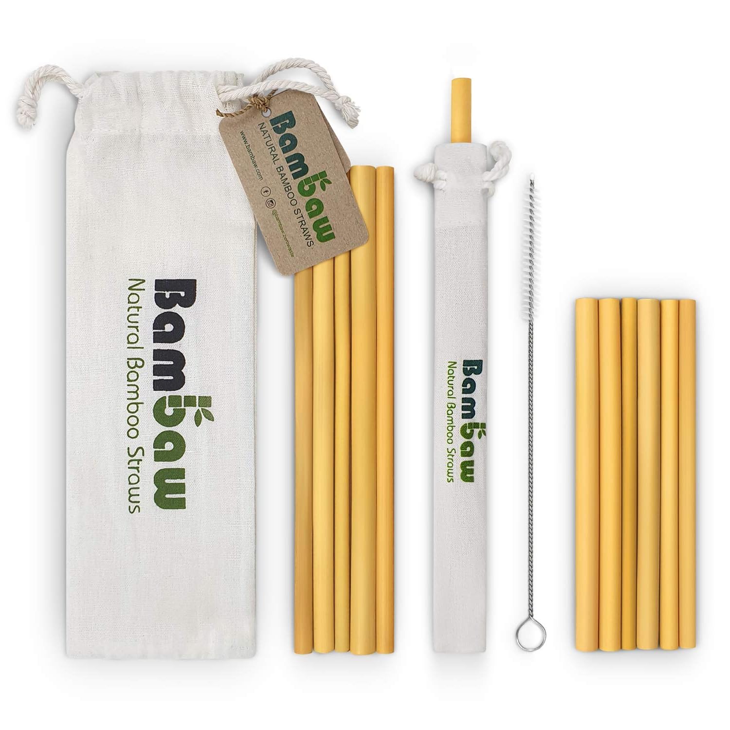 Bambaw Bamboo Reusable Straws | Eco Friendly Long Straws with Straw Cleaner Brush | Biodegradable Alternative to Plastic Straws | Durable Travel Drinking Straws | 6 Straws 5.5 Inch & 6 Straws 8.7 Inch