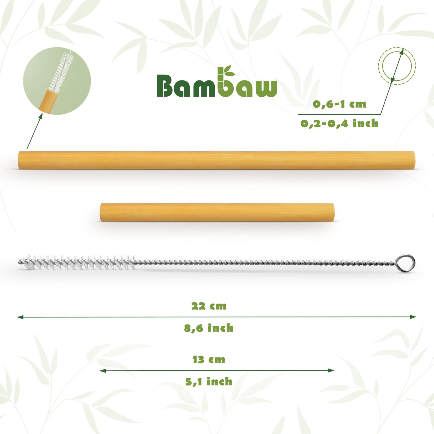 Bambaw Bamboo Reusable Straws | Eco Friendly Long Straws with Straw Cleaner Brush | Biodegradable Alternative to Plastic Straws | Durable Travel Drinking Straws | 6 Straws 5.5 Inch & 6 Straws 8.7 Inch