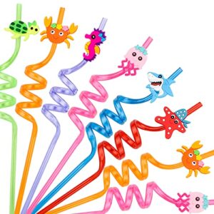 24pcs under the sea animal straws for sea party favors, ocean themed party decorations reusable ocean animal straws for under the sea party favors for kids boys girls