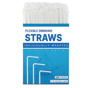 plastic white flexible drinking straws 380 bulk, individually wrapped disposable white straws 7.75 inches long
