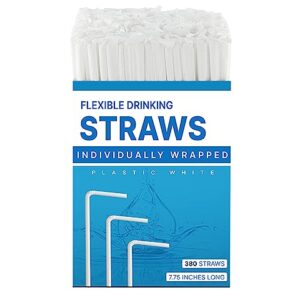 Plastic White Flexible Drinking Straws 380 Bulk, Individually Wrapped Disposable White Straws 7.75 Inches Long