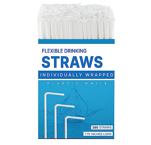 Plastic White Flexible Drinking Straws 380 Bulk, Individually Wrapped Disposable White Straws 7.75 Inches Long