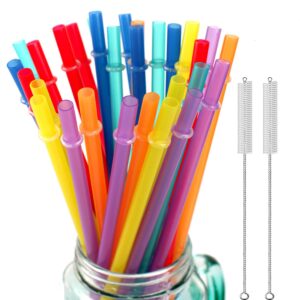 32 Pieces Reusable Plastic Straws Fit for Mason Jars, Tumblers, 10.25 Inches Extra Long Rainbow Colored Unbreakable Drinking Straws with 2 Cleaning Brushes, BPA Free and Eco Friendly