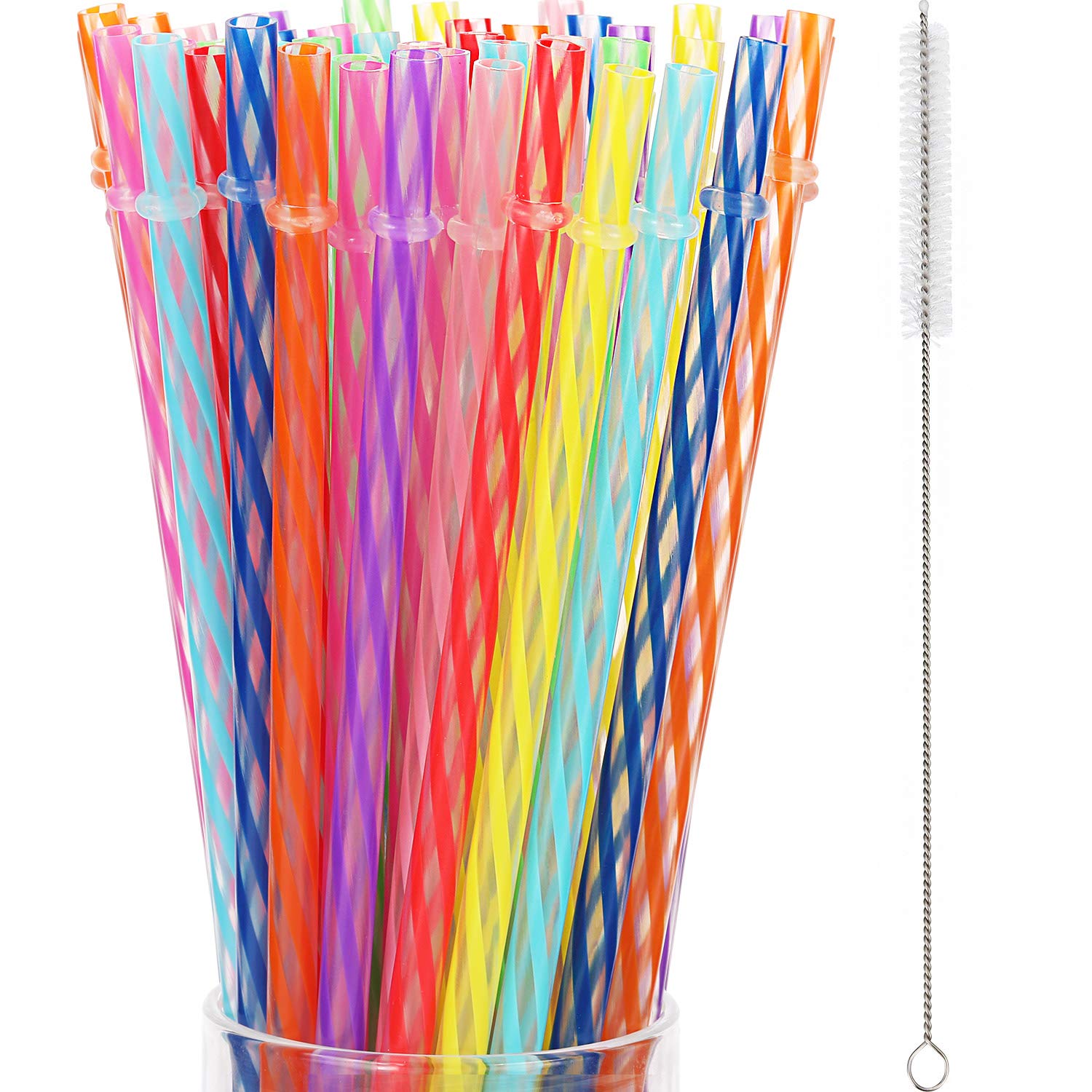 Jovitec 50 Pieces Reusable Drinking Straw Thick Plastic Straws with Cleaning Brush Straw Cleaner (11 Inch, Multi Color 2)