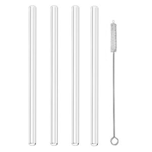alink clear straight glass drinking straws, 9" x 10 mm reusable smoothie straws, set of 4 with cleaning brush