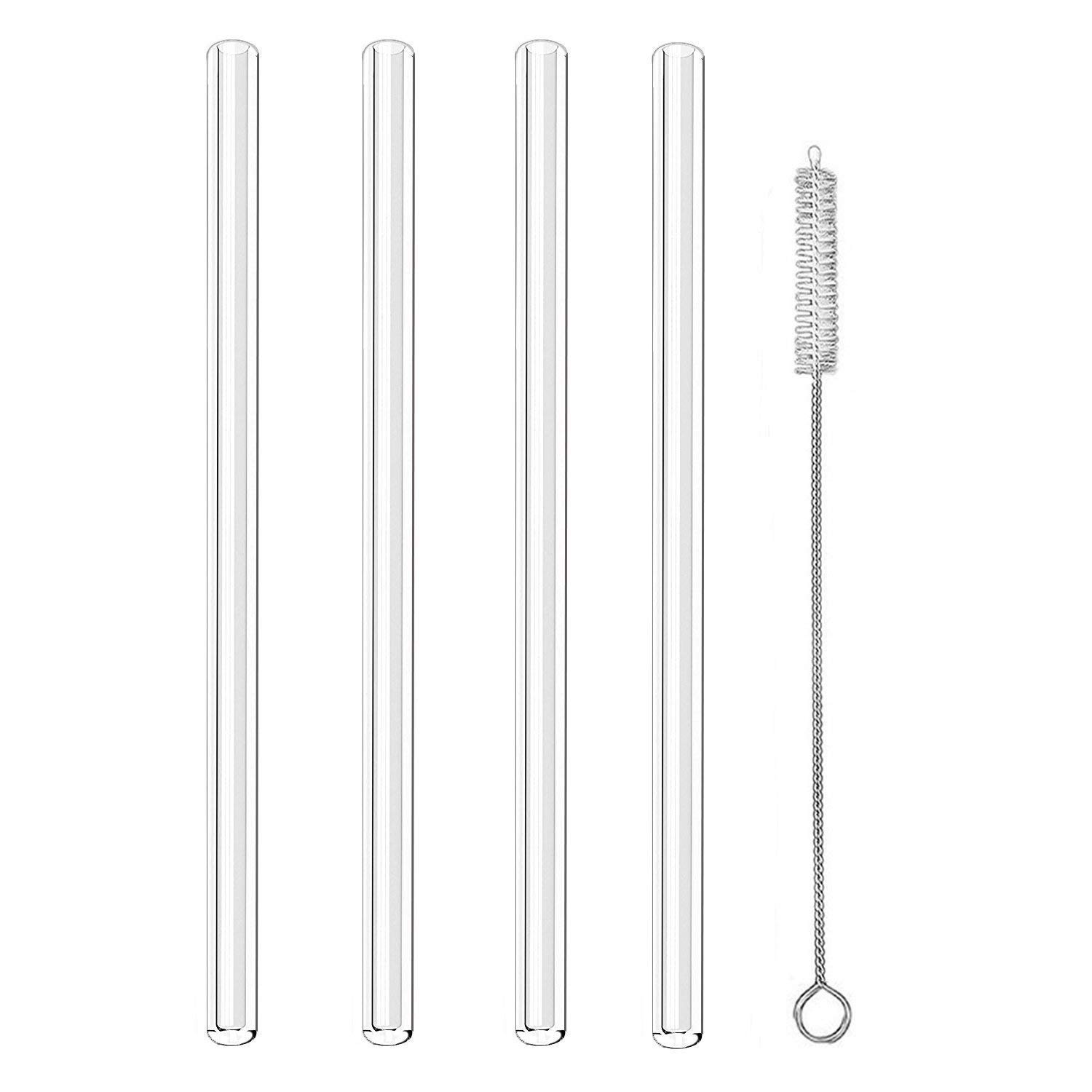 ALINK Clear Straight Glass Drinking Straws, 9" x 10 mm Reusable Smoothie Straws, Set of 4 with Cleaning Brush