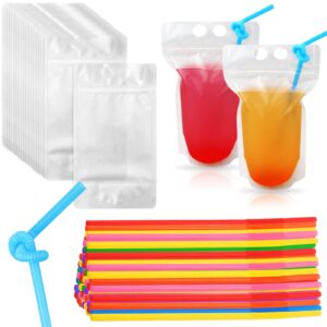 wtshop 100 pack drink pouches with 100 colorful straws, juice pouches bags with straws, smoothie bags cold & hot drinks bags