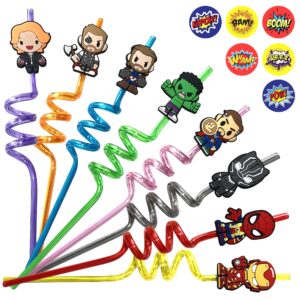 32Pcs Superhero Straws for Avenger Party Favor - 32Pcs Reusable Drinking Straws with 8 designs+36 Stickers+2 Brushes. Perfect For Superhero Party Supplies, Great for Avenger Themed Party