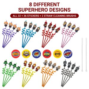 32Pcs Superhero Straws for Avenger Party Favor - 32Pcs Reusable Drinking Straws with 8 designs+36 Stickers+2 Brushes. Perfect For Superhero Party Supplies, Great for Avenger Themed Party
