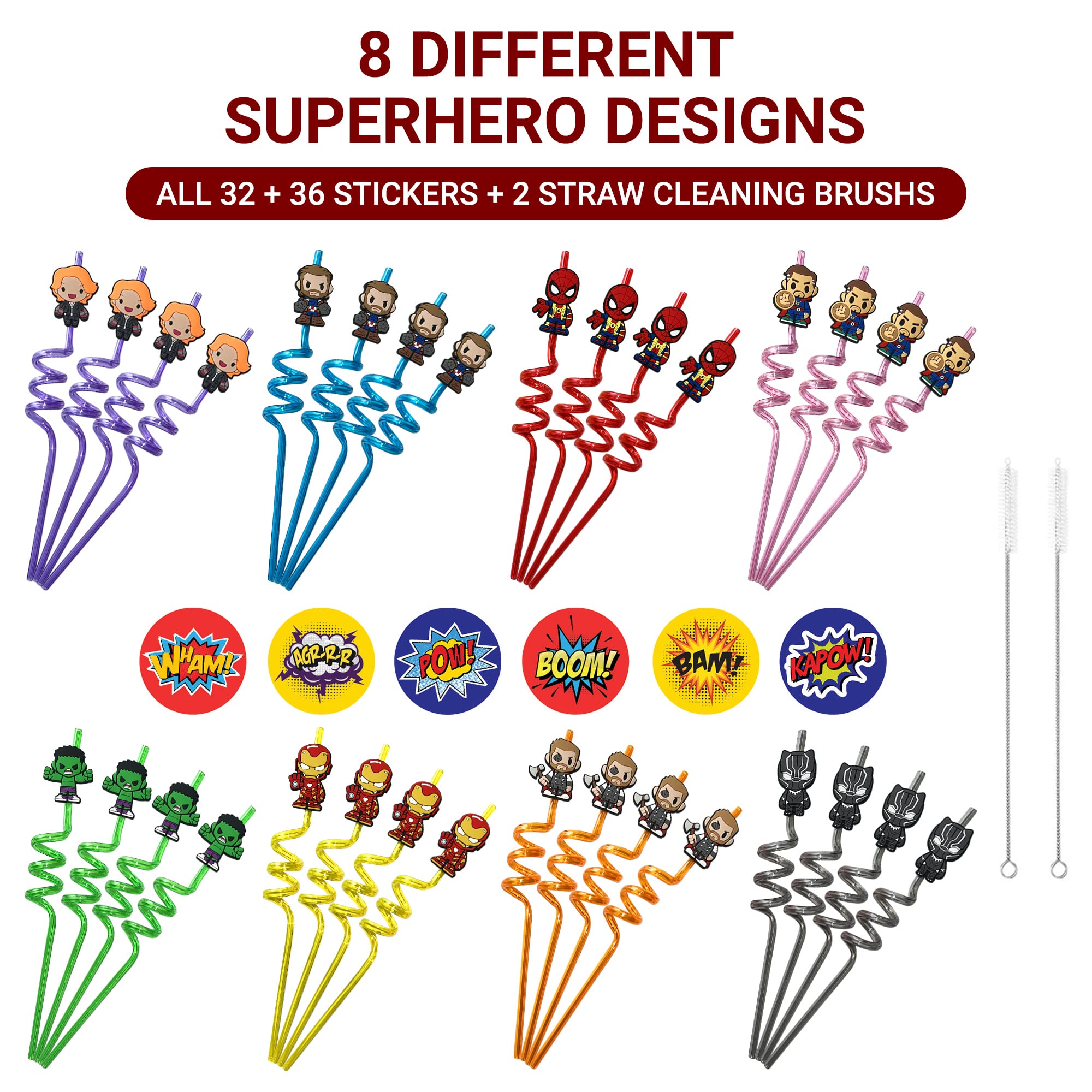 32Pcs Superhero Straws for Avenger Party Favor - 32Pcs Reusable Drinking Straws with 8 designs+36 Stickers+2 Brushes. Perfect For Superhero Party Supplies, Great for Avenger Themed Party
