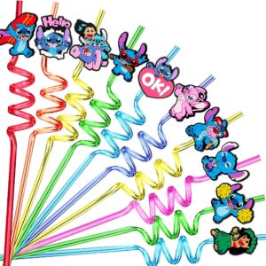 24pcs party favors reusable drinking straws, 12 designs cartoon birthday party supplies with 2 cleaning brush