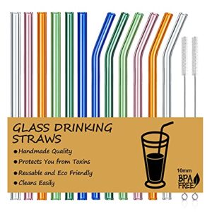 reusable glass straws, 10mm glass drinking straws, 6 bent 6 straight with 2 cleaning brushes, non-toxic, bpa free glass straws for beverages, shakes, milk tea, juices (multicolor)