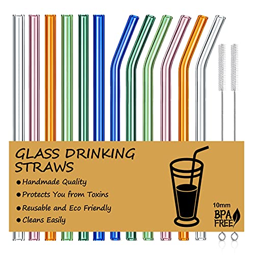 Reusable Glass Straws, 10mm Glass Drinking Straws, 6 Bent 6 Straight with 2 Cleaning Brushes, Non-Toxic, BPA Free Glass Straws for Beverages, Shakes, Milk Tea, Juices (Multicolor)