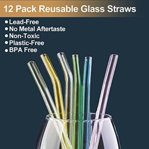 Reusable Glass Straws, 10mm Glass Drinking Straws, 6 Bent 6 Straight with 2 Cleaning Brushes, Non-Toxic, BPA Free Glass Straws for Beverages, Shakes, Milk Tea, Juices (Multicolor)