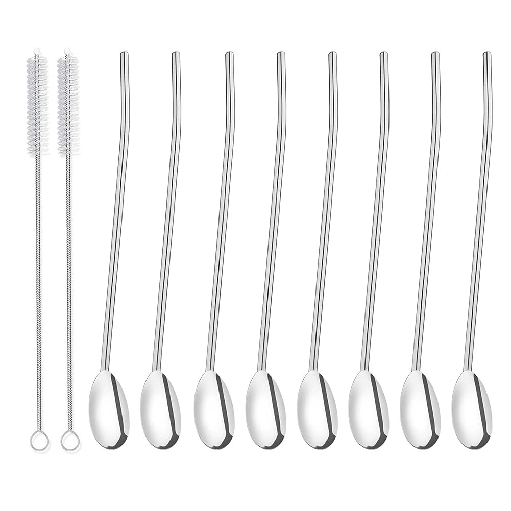 8 Pcs Stainless Steel Straws Spoons, Reusable Metall Straws Spoon with 2 Cleaning Brushes, 2 in 1 Snow Cone Straws Drinking Reusable Stainless Steel Ice Tea Long Spoons Straws for Cocktail Milkshake